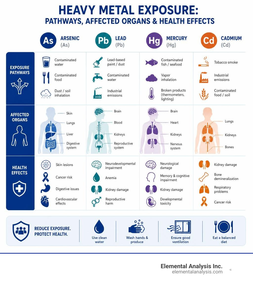 Heavy metal exposure pathways, affected organs, and health effects across arsenic, lead, mercury, cadmium infographic