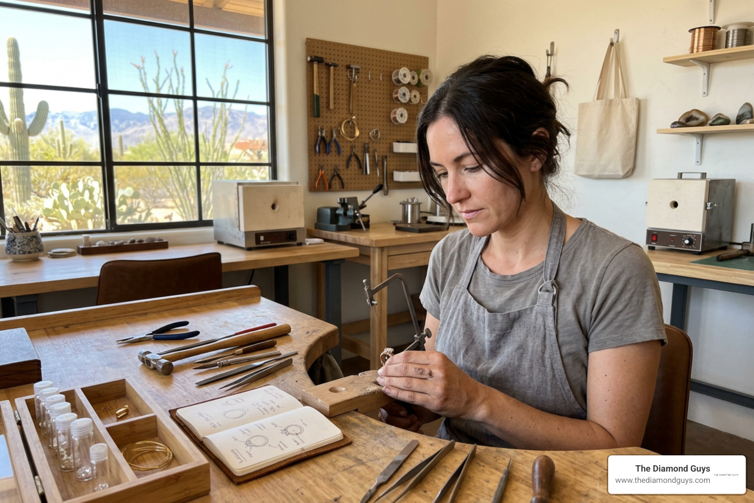 Jewelry designer working sustainably at a workbench in Phoenix Arizona studio Jewelry designer working sustainably at a workbench in Phoenix Arizona studio