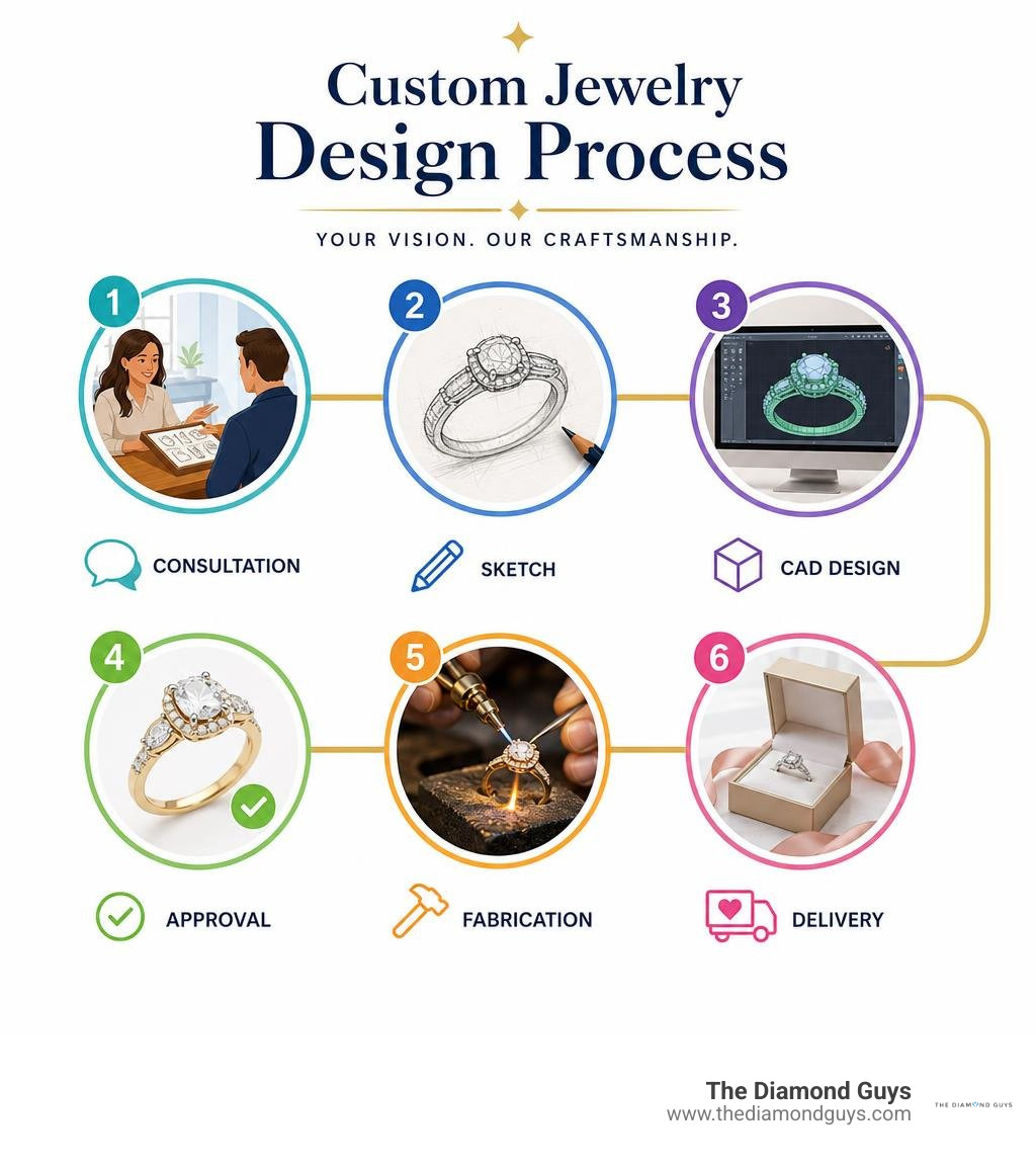 Custom jewelry design process roadmap: consultation, sketch, CAD, approval, fabrication, delivery infographic Custom jewelry design process roadmap: consultation, sketch, CAD, approval, fabrication, delivery infographic