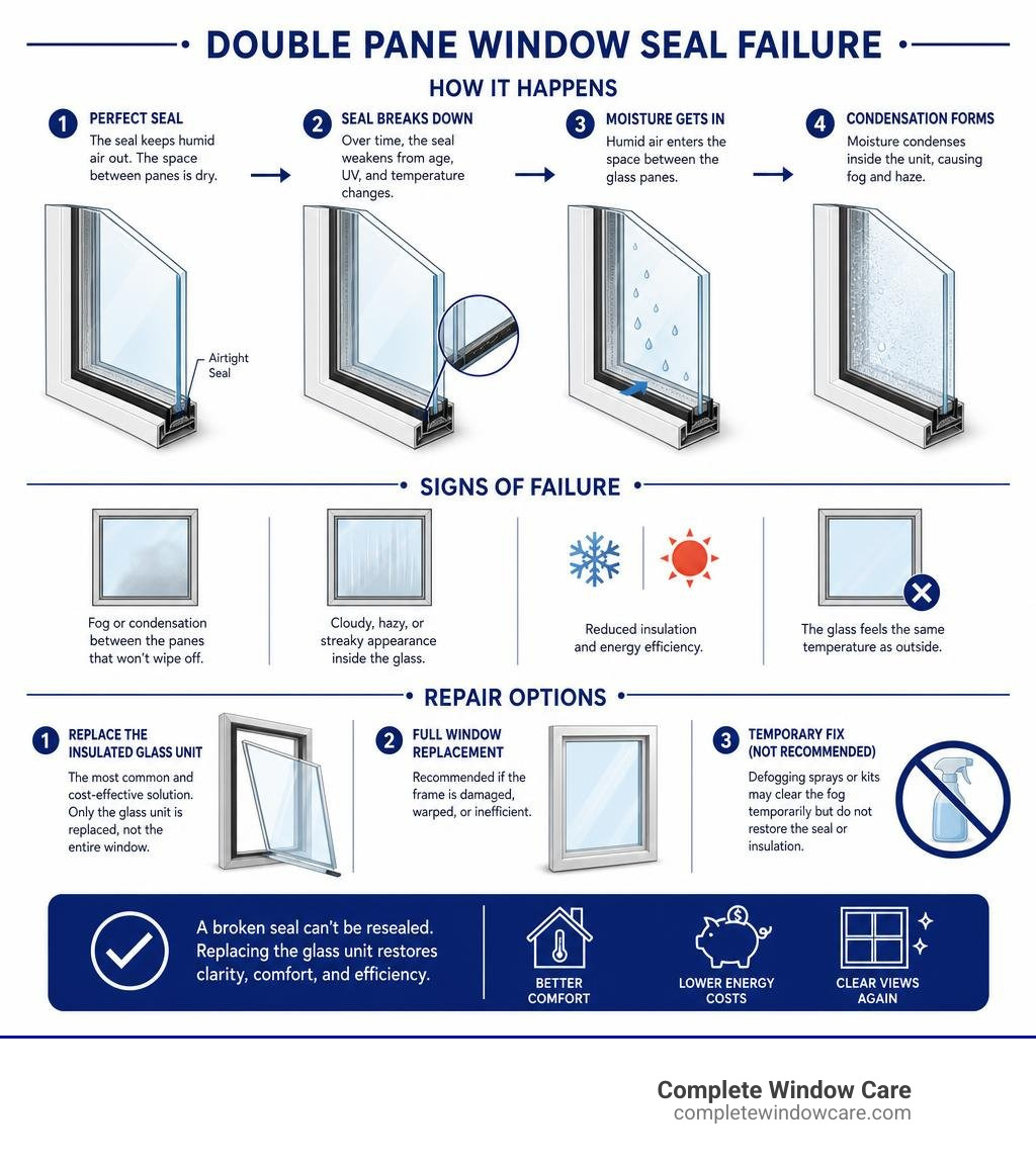 infographic showing how double pane window seals fail, signs of failure, and repair options infographic