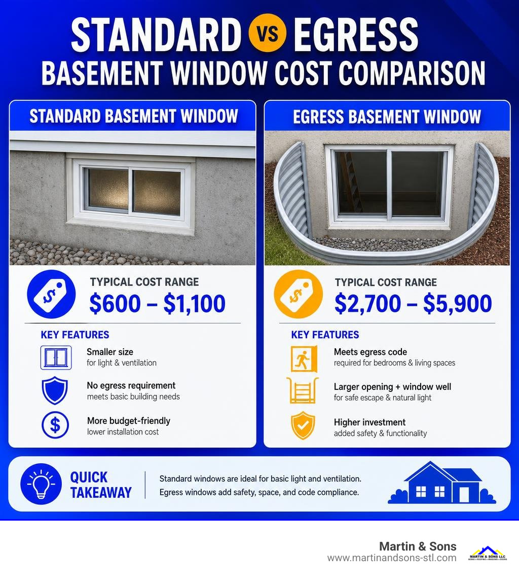Standard vs egress basement window cost comparison infographic with price ranges and key features infographic Standard vs egress basement window cost comparison infographic with price ranges and key features infographic