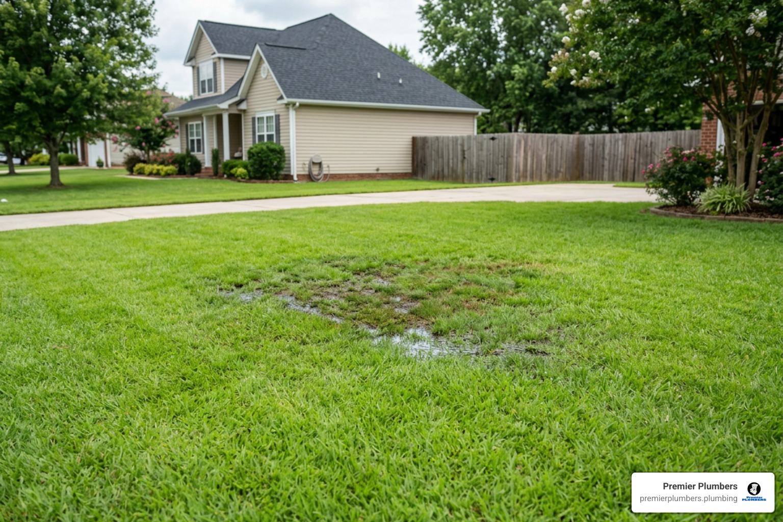damp patch on a lush green lawn indicating an underground main leak damp patch on a lush green lawn indicating an underground main leak