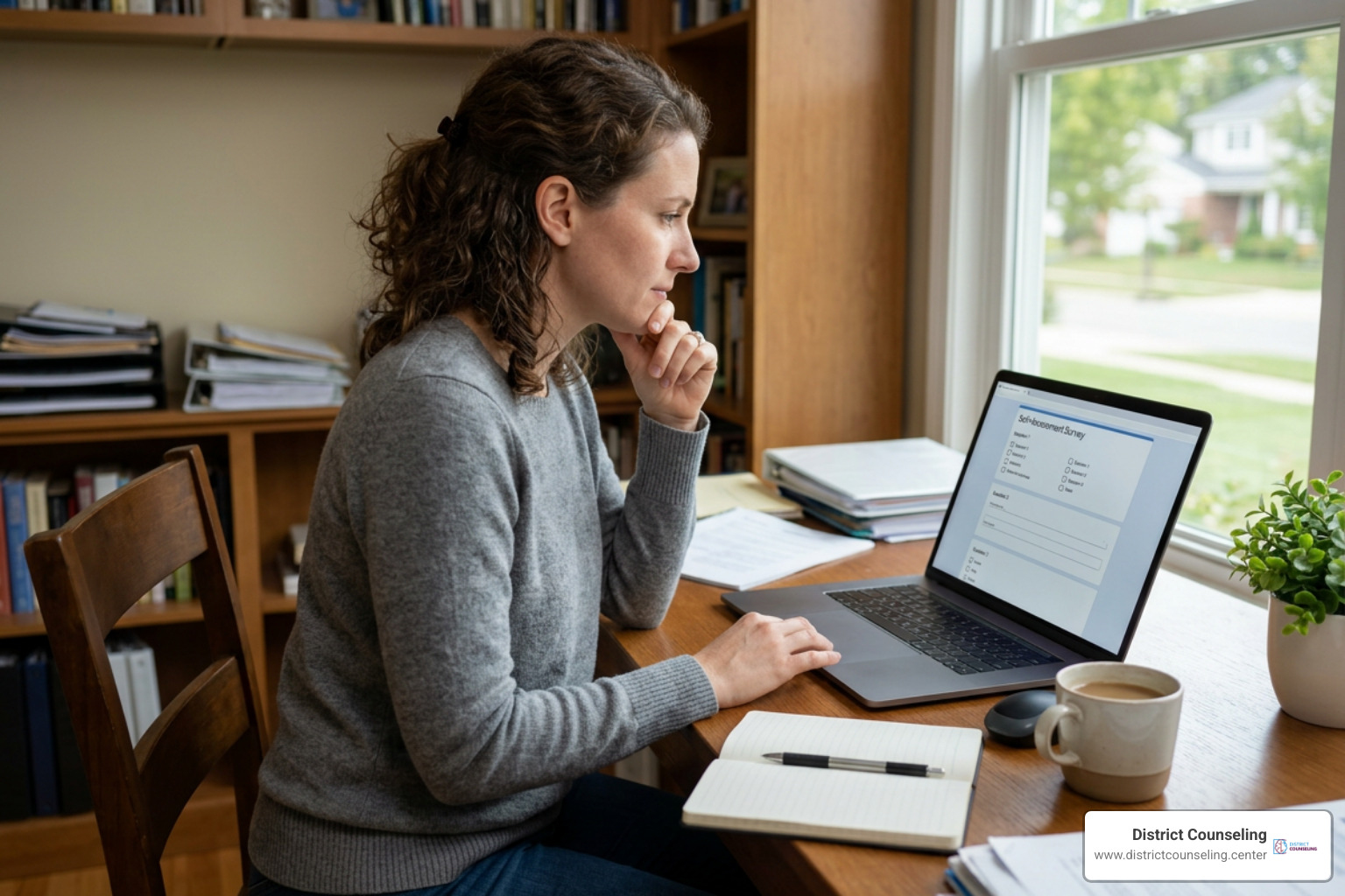 An adult completing an online mental health self-assessment screener on a laptop computer