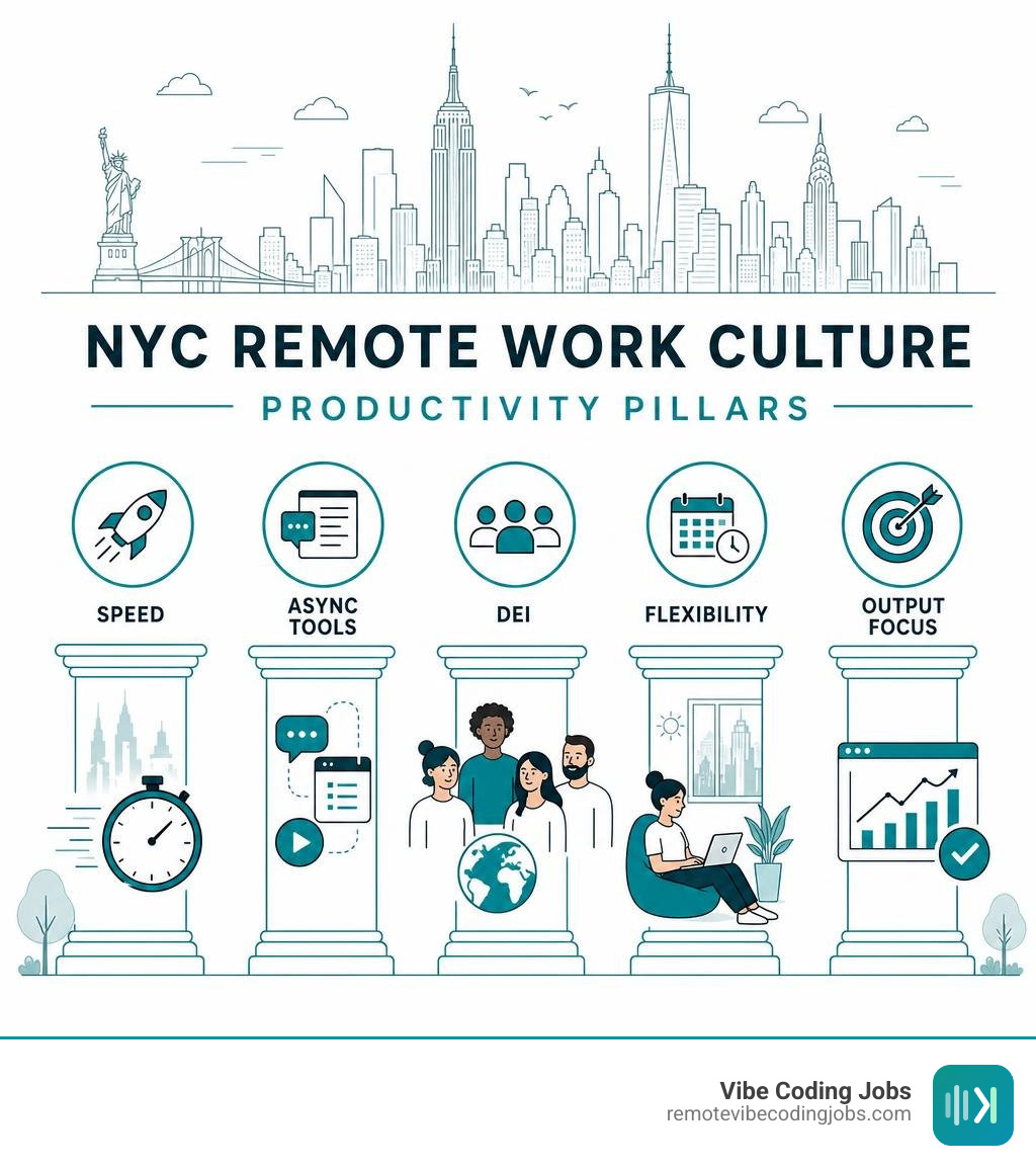 NYC remote work culture productivity pillars: speed, async tools, DEI, flexibility, output focus infographic