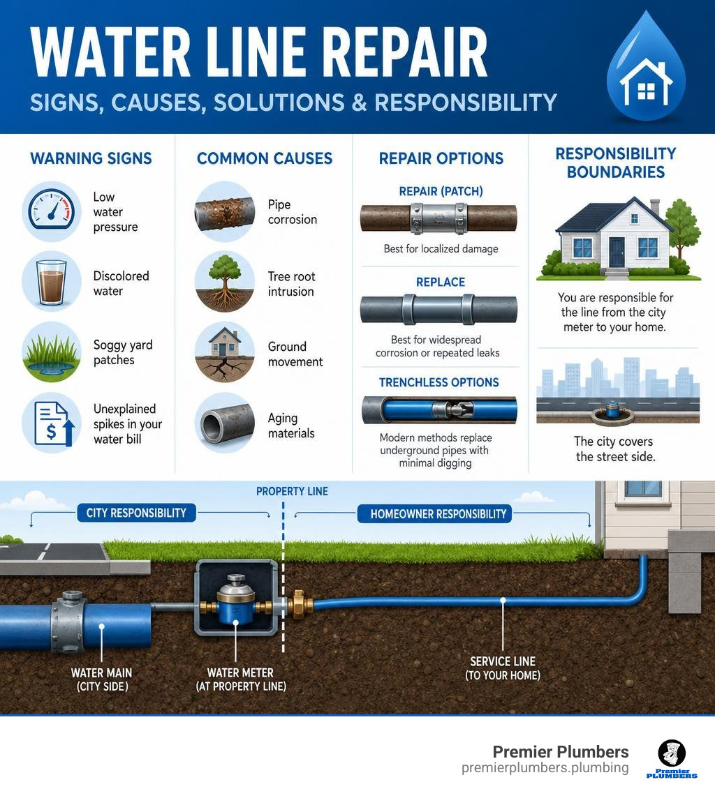 infographic showing warning signs, causes, repair options, and responsibility boundaries for residential water line repair infographic showing warning signs, causes, repair options, and responsibility boundaries for residential water line repair