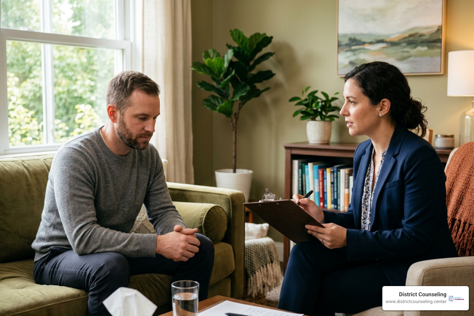 A mental health clinician conducting a structured assessment interview with an adult client