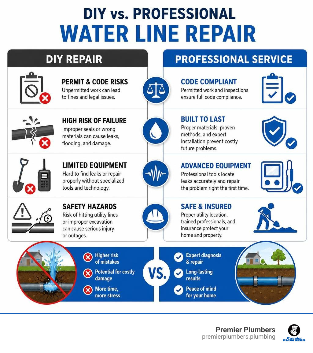 comparison graphic highlighting the risks of DIY water line repair versus professional plumbing service infographic comparison graphic highlighting the risks of DIY water line repair versus professional plumbing service infographic