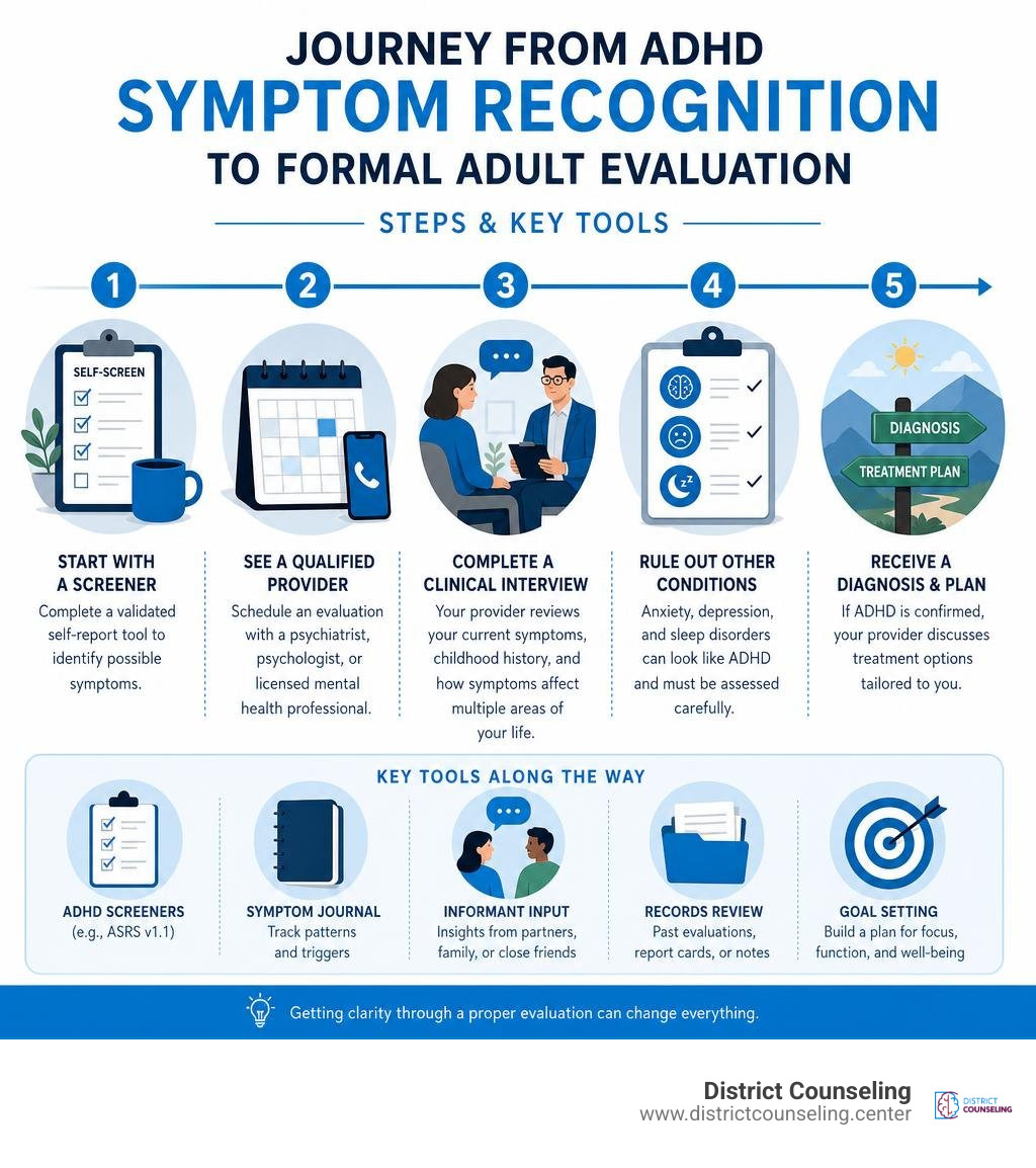 Journey from ADHD symptom recognition to formal adult evaluation — steps and key tools infographic