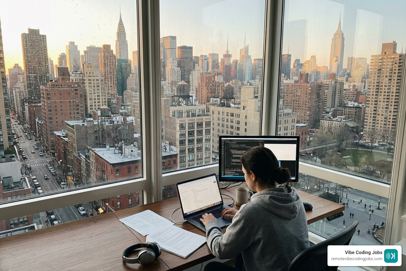 NYC skyline workspace showcasing urban remote work setup