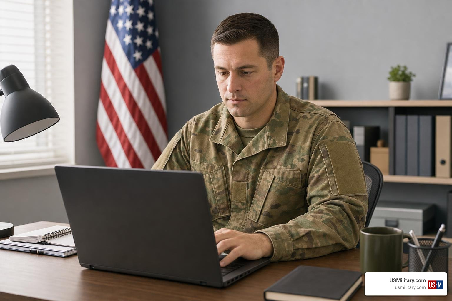 Service member using a secure laptop to compute military retirement pay Service member using a secure laptop to compute military retirement pay