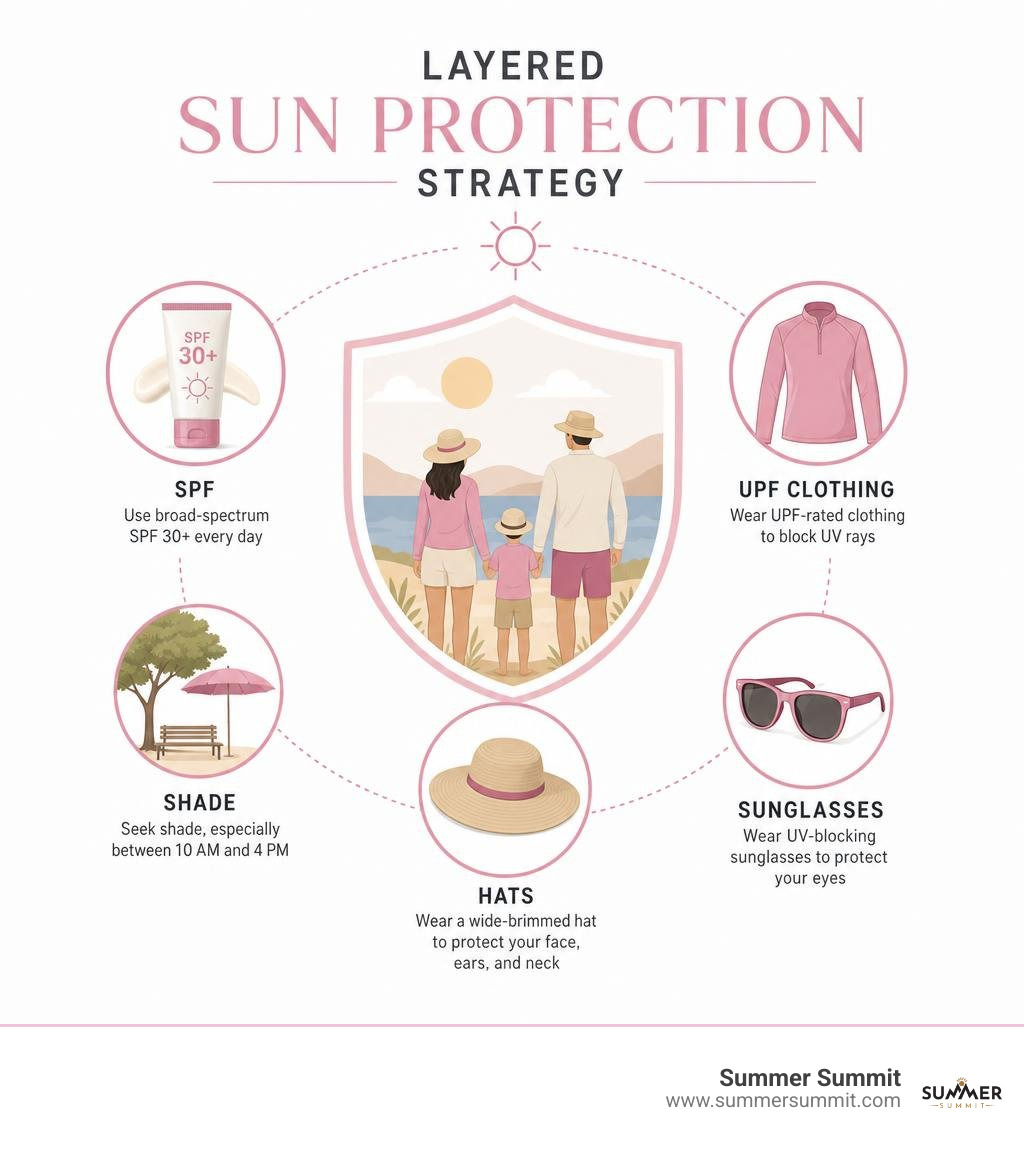 Layered sun protection strategy infographic: SPF, UPF clothing, shade, hats, sunglasses infographic Layered sun protection strategy infographic: SPF, UPF clothing, shade, hats, sunglasses infographic