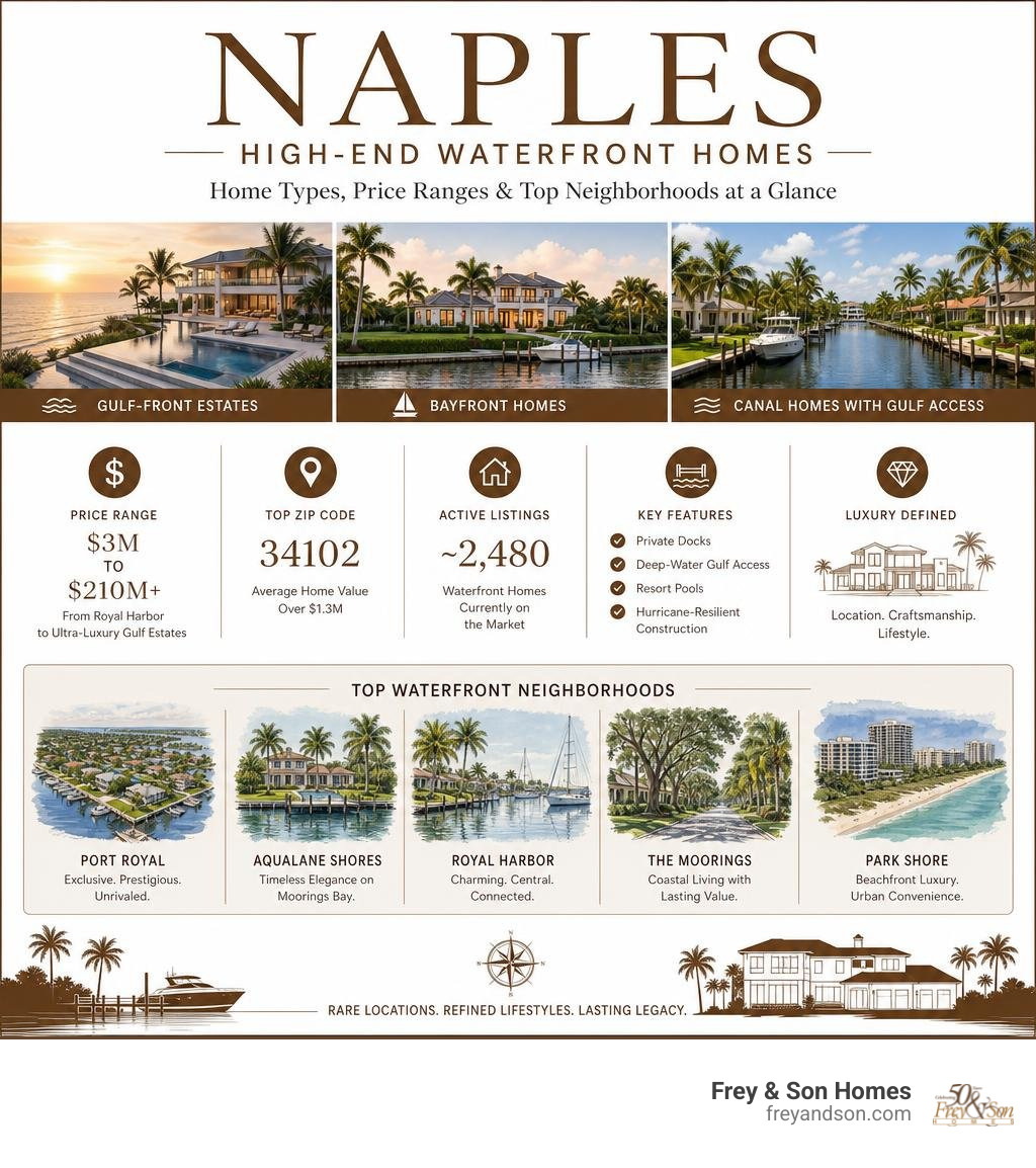 Infographic showing Naples waterfront home types, price ranges, and top neighborhoods at a glance infographic Infographic showing Naples waterfront home types, price ranges, and top neighborhoods at a glance infographic