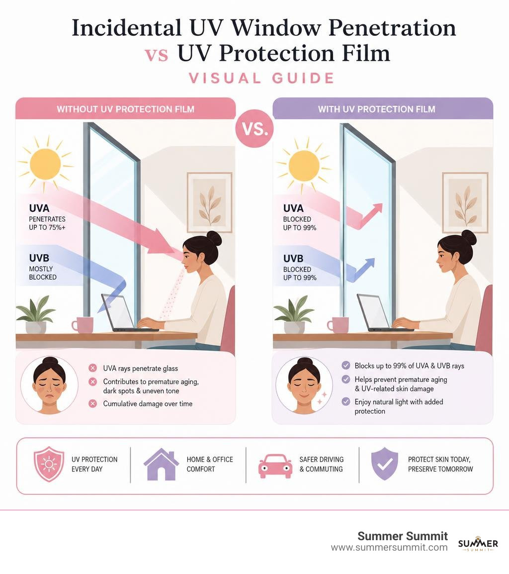 Incidental UV window penetration vs UV protection film visual guide infographic Incidental UV window penetration vs UV protection film visual guide infographic