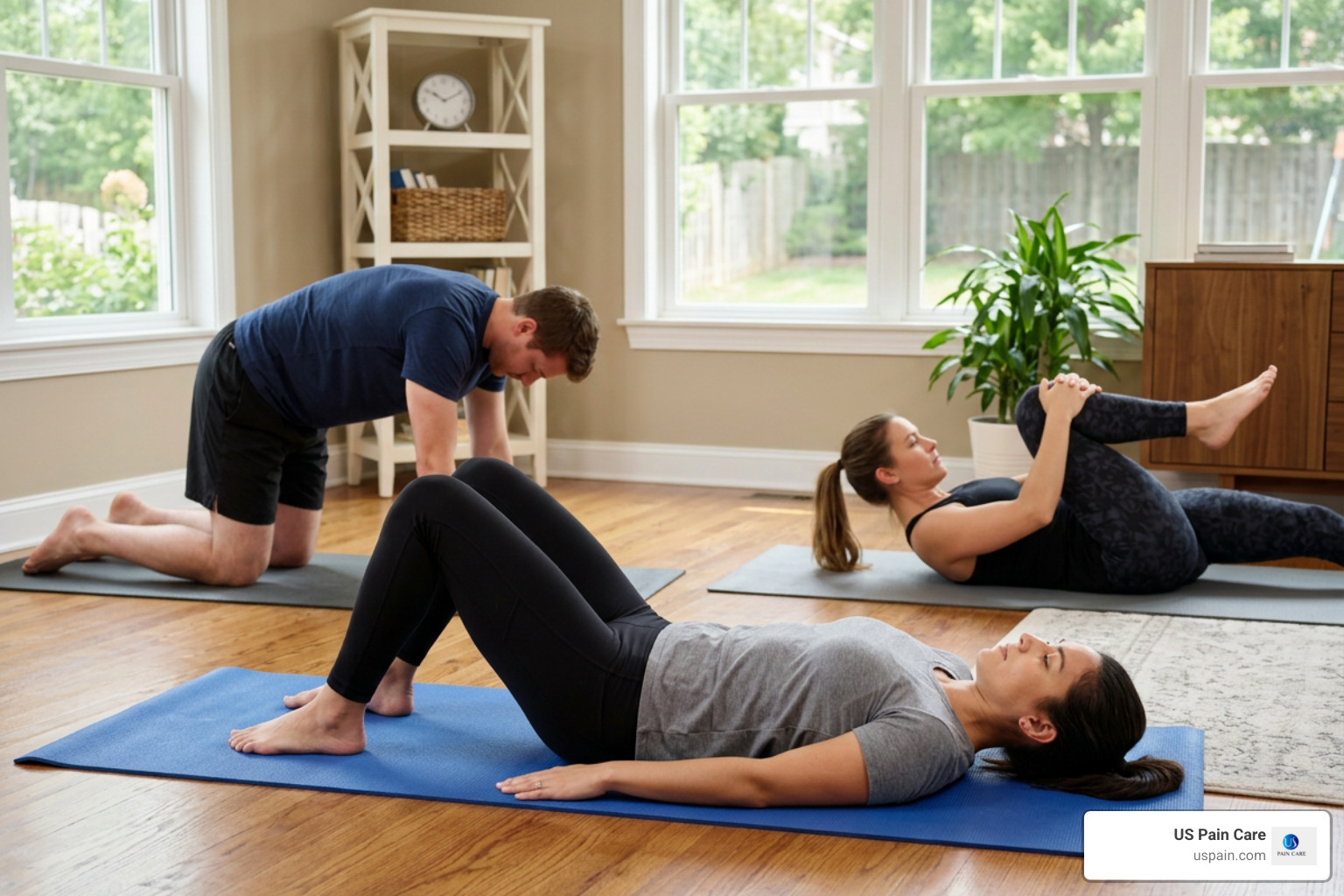 stretching sequence for back strain recovery showing pelvic tilt, knee to chest, and cat cow