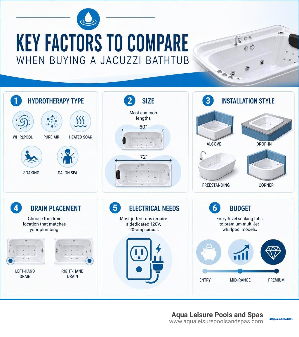 Key factors to compare when buying a Jacuzzi bathtub — hydrotherapy type, size, installation, drain, electrical, and budget