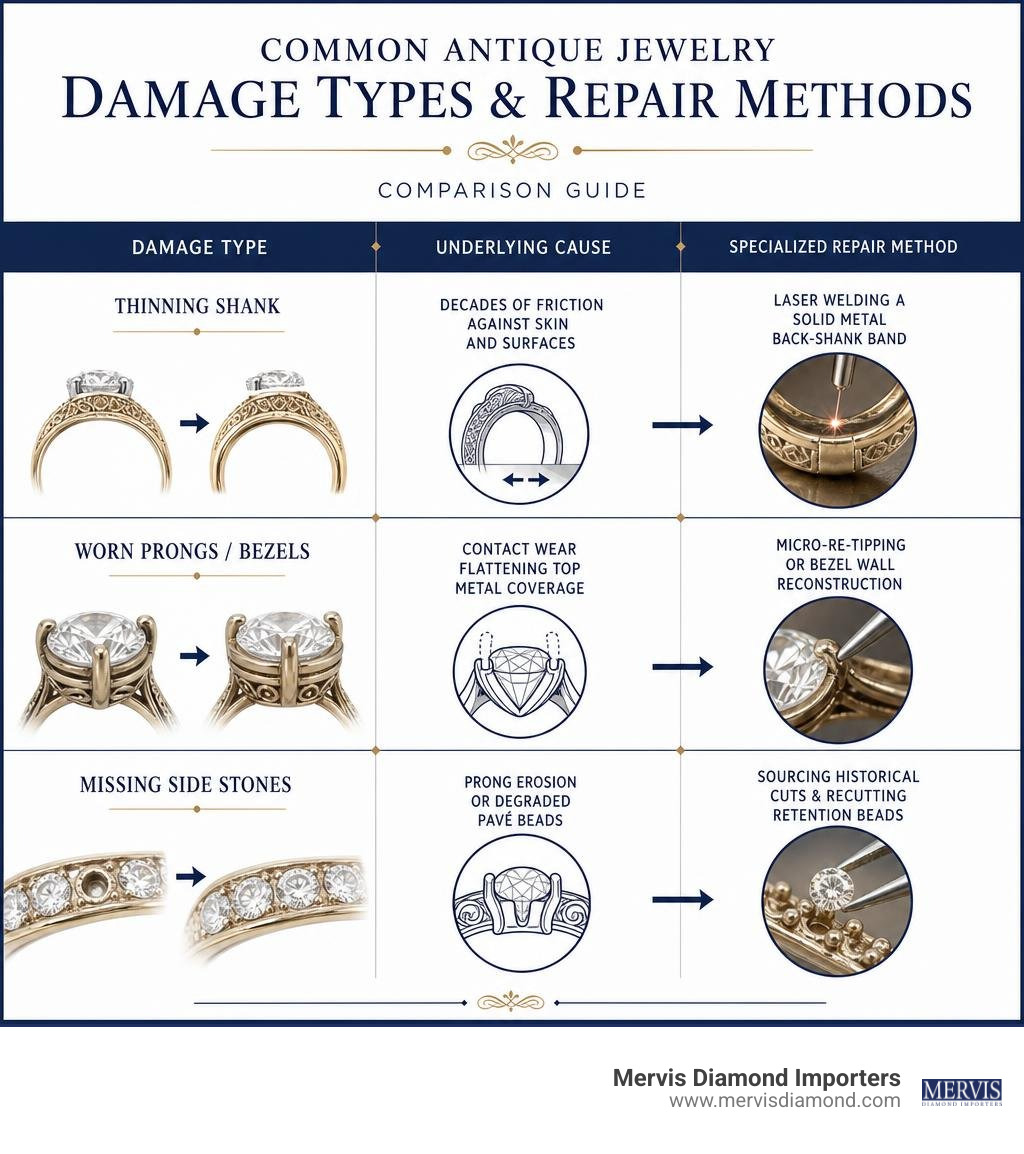 Comparison of common antique damage types and repair methods infographic Comparison of common antique damage types and repair methods infographic
