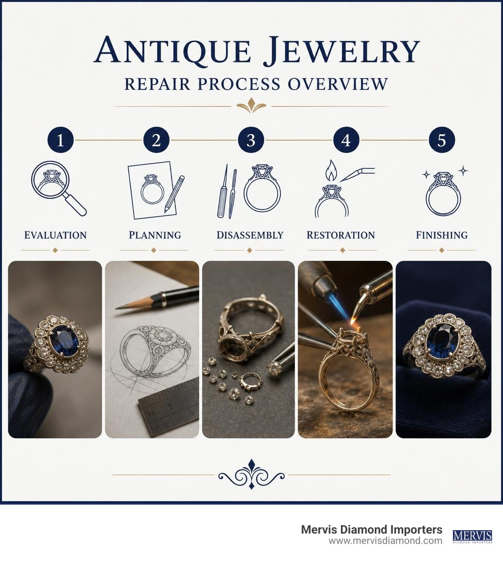 Antique jewelry repair process overview: evaluation, planning, disassembly, restoration, finishing infographic Antique jewelry repair process overview: evaluation, planning, disassembly, restoration, finishing infographic