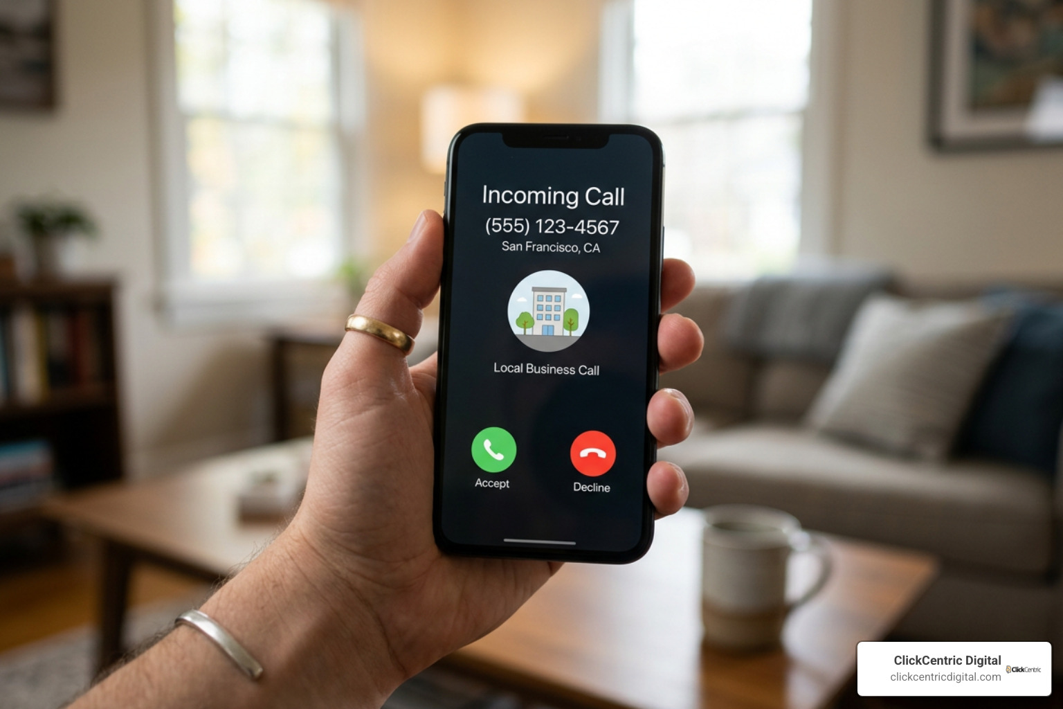 Smartphone screen showing an incoming direct customer service call from a local ad Smartphone screen showing an incoming direct customer service call from a local ad