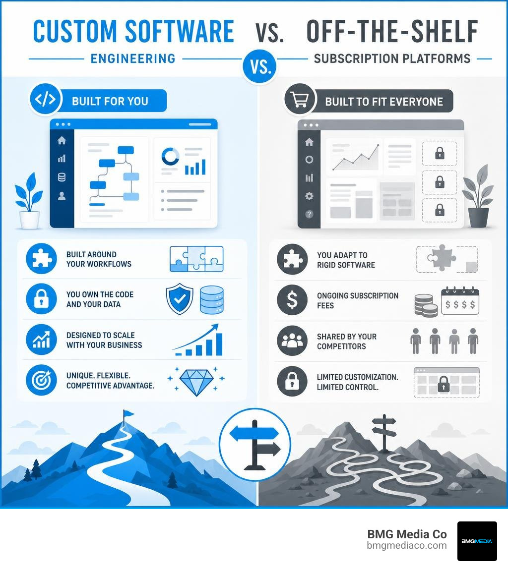 Comparison of custom software engineering vs off-the-shelf subscription platforms infographic