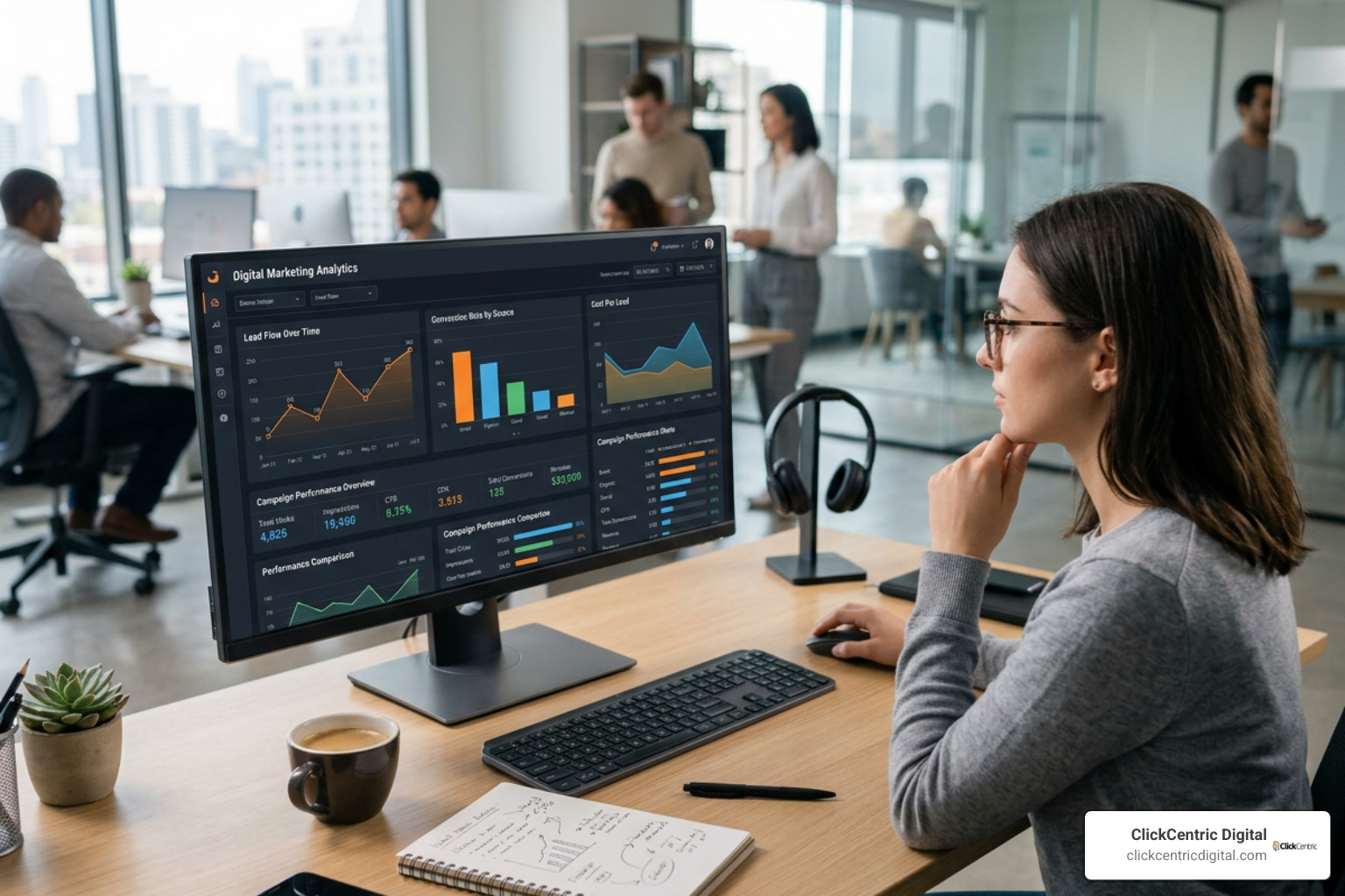 Digital marketing analytics dashboard showing campaign performance metrics and lead flow Digital marketing analytics dashboard showing campaign performance metrics and lead flow