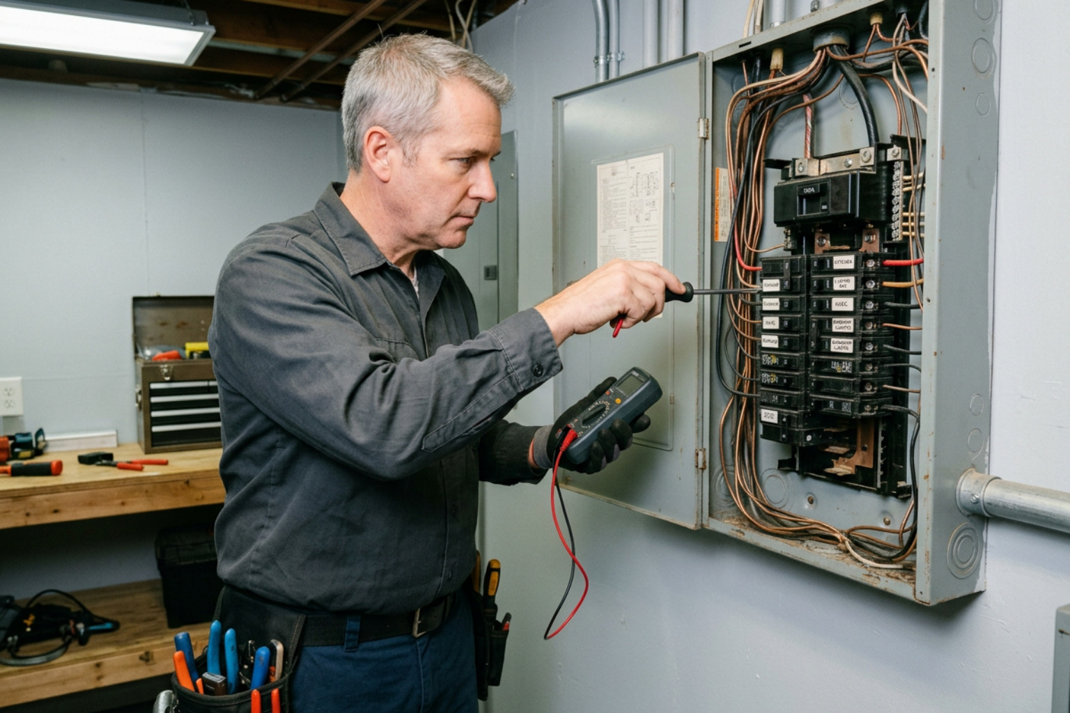 electrician checking wire connections and breaker sizing inside a residential main panel electrician checking wire connections and breaker sizing inside a residential main panel