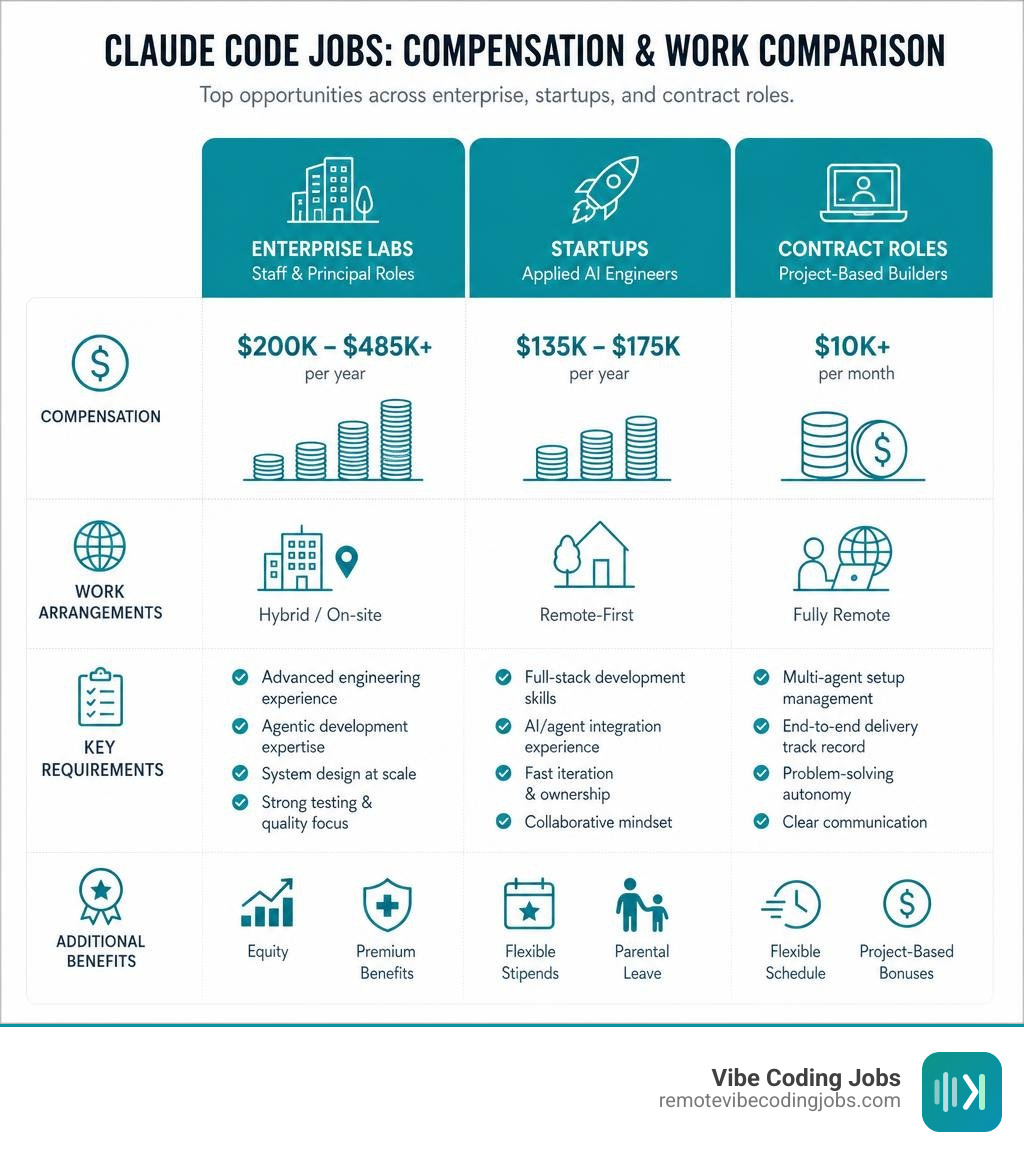 Table comparing compensation, work arrangements, and requirements across Anthropic, startups, and contract roles infographic