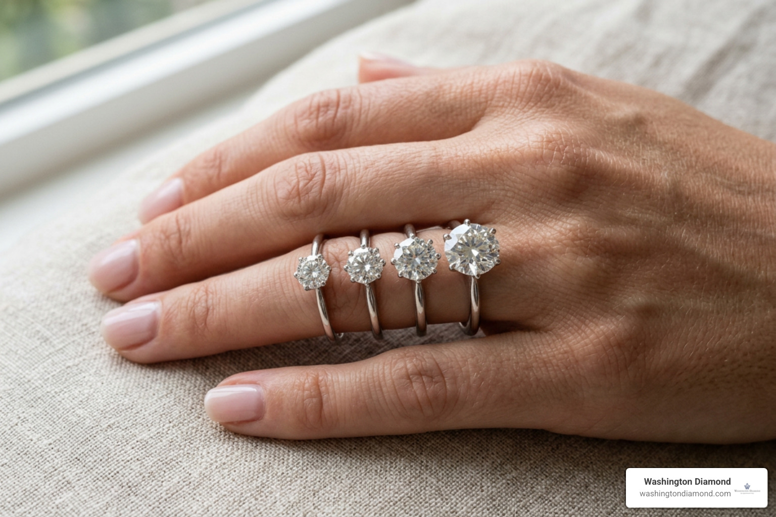Visual comparison of 1ct, 2ct, 3ct, and 5ct diamonds on hand Visual comparison of 1ct, 2ct, 3ct, and 5ct diamonds on hand