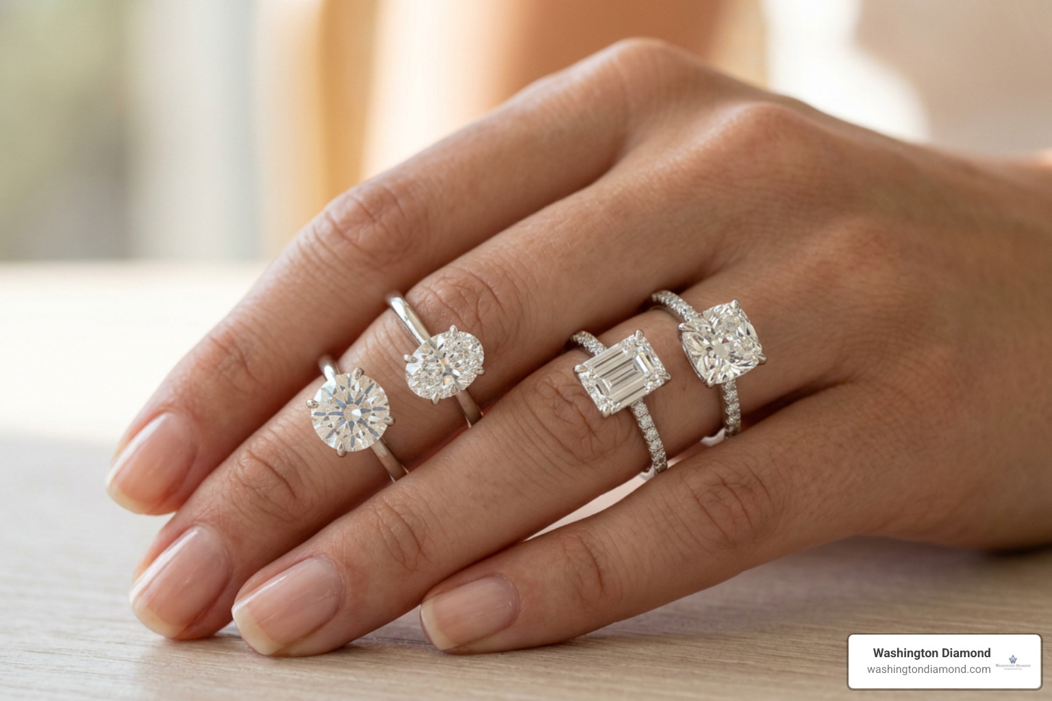 Comparison of round, oval, emerald, and cushion cut 2 carat diamonds on ring settings Comparison of round, oval, emerald, and cushion cut 2 carat diamonds on ring settings
