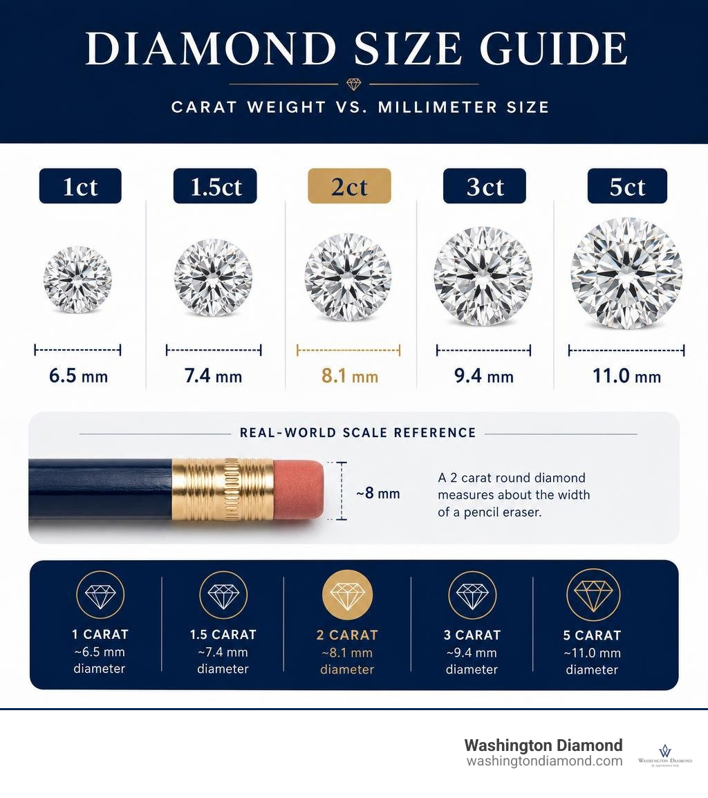 Infographic comparing diamond carat weights and millimeter sizes from 1ct to 5ct infographic Infographic comparing diamond carat weights and millimeter sizes from 1ct to 5ct infographic