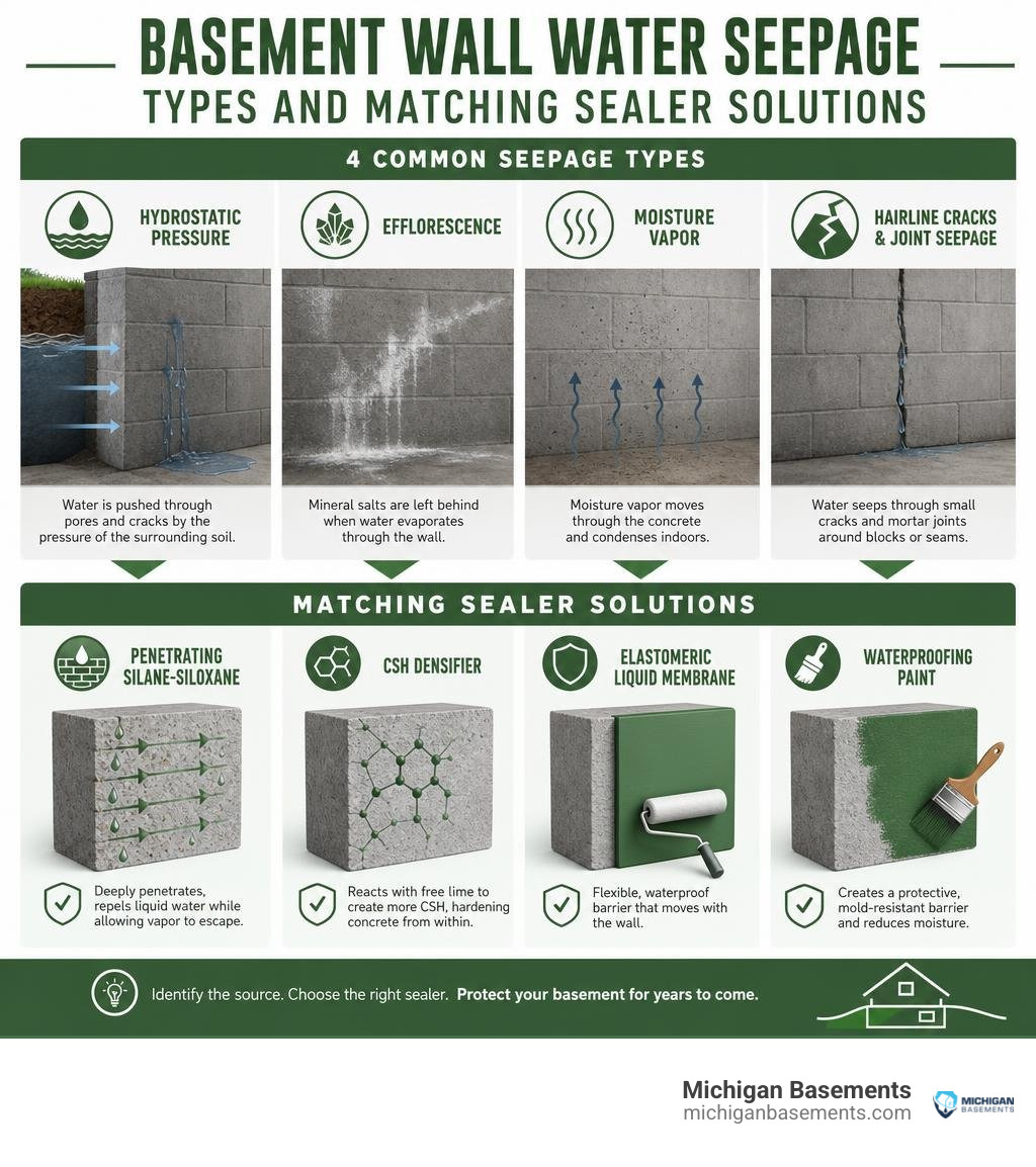 infographic showing basement wall water seepage types and matching sealer solutions infographic