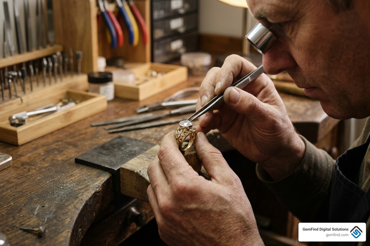 Jeweler meticulously setting a diamond into a custom setting at a bench workbench