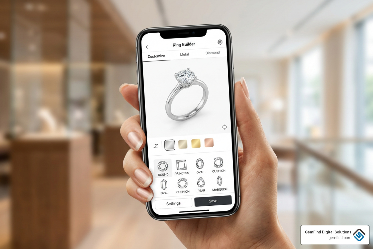 Interactive digital ring builder app interface showing 3D setting and diamond selection