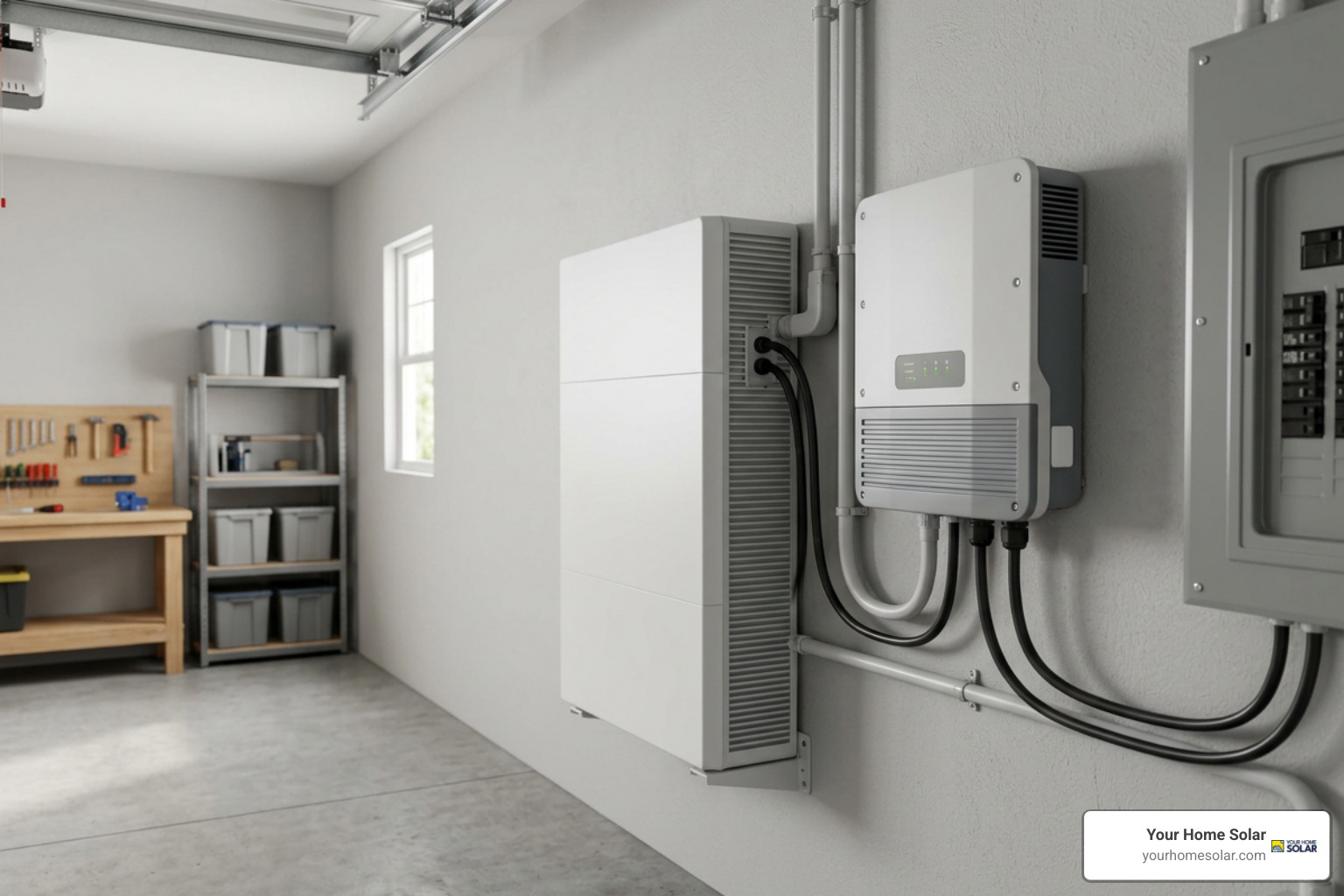 residential battery system installed alongside solar inverter on home garage wall residential battery system installed alongside solar inverter on home garage wall