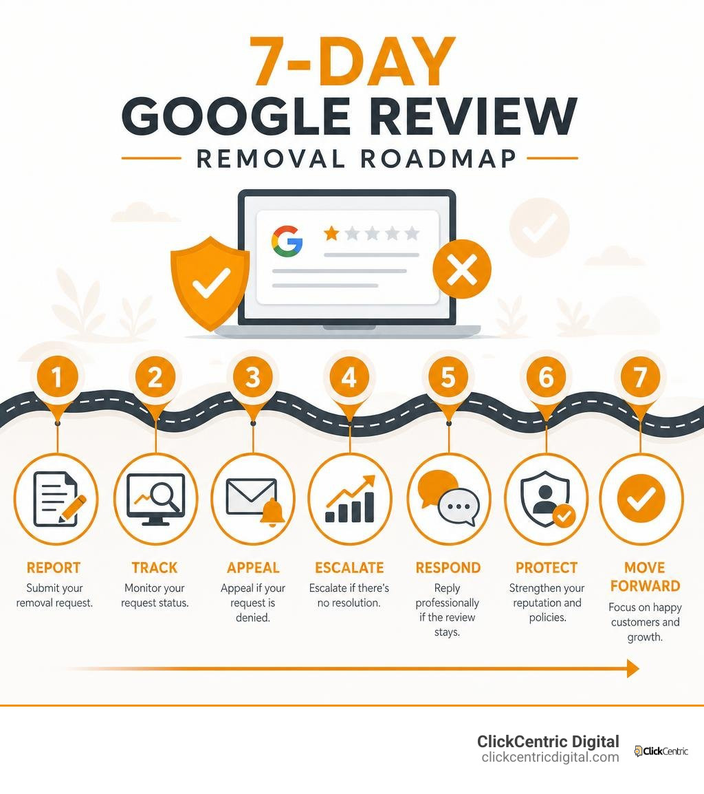 7-day Google review removal roadmap: report, track, appeal, escalate, respond infographic