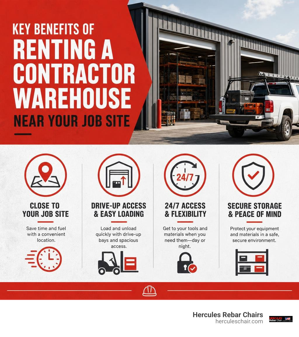 Key benefits of renting a contractor warehouse near your job site infographic
