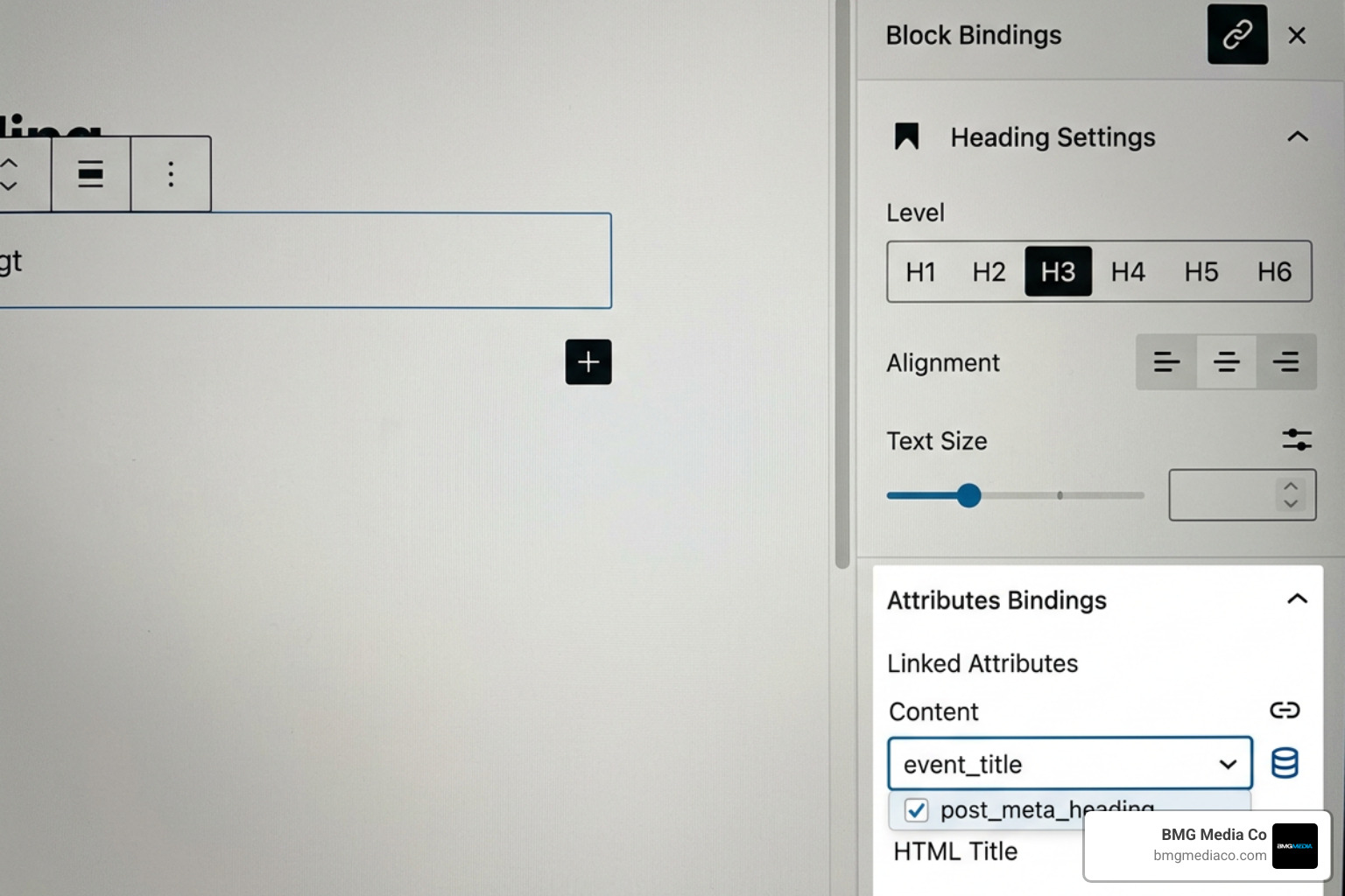 Block Bindings UI sidebar in WordPress block editor linking custom field to core block