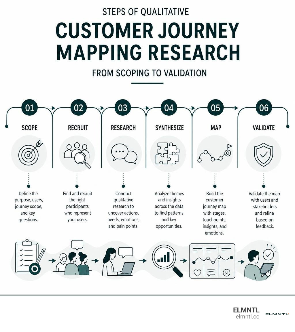 Steps of qualitative customer journey mapping research from scoping to validation infographic