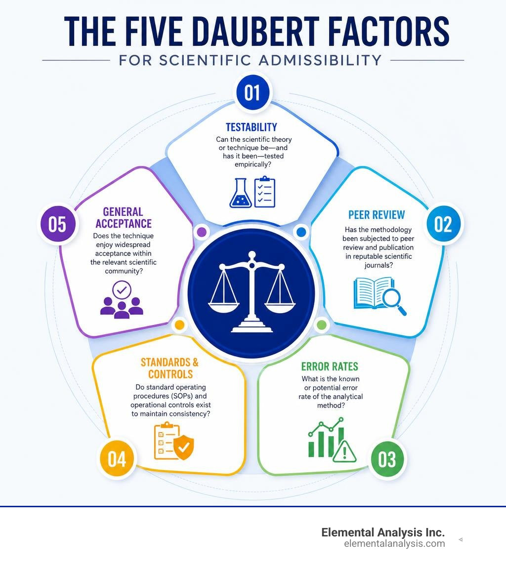 Summary of the five Daubert factors for scientific admissibility infographic Summary of the five Daubert factors for scientific admissibility infographic
