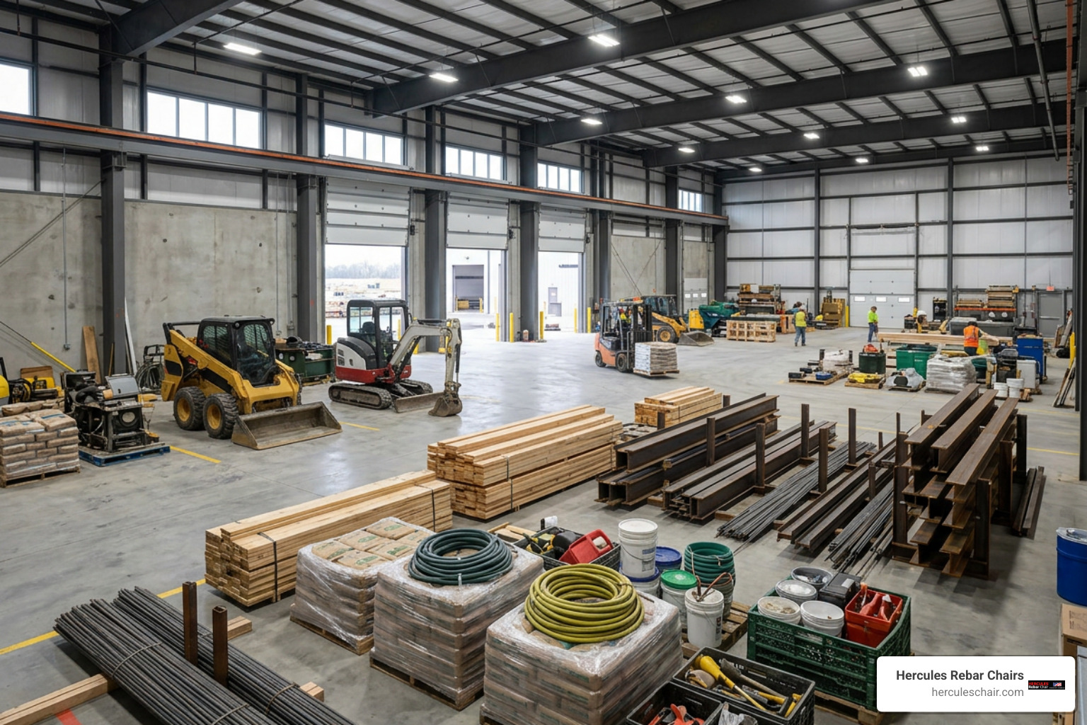 heavy machinery and construction materials stored in a staging bay