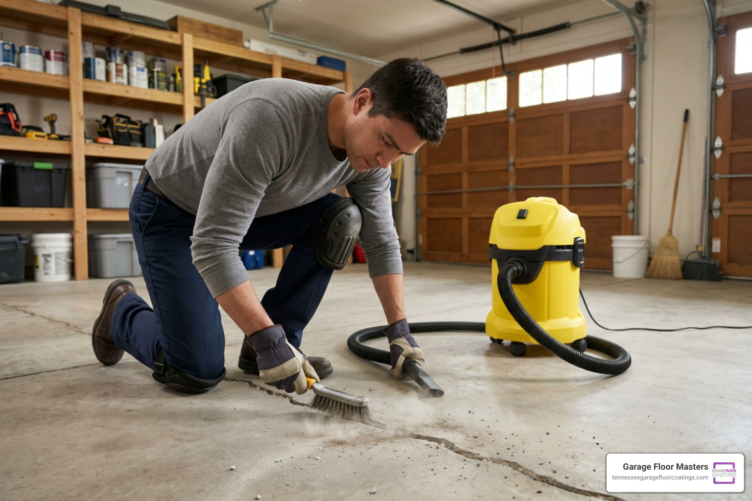 Preparing garage concrete crack with wire brush and shop vacuum Preparing garage concrete crack with wire brush and shop vacuum