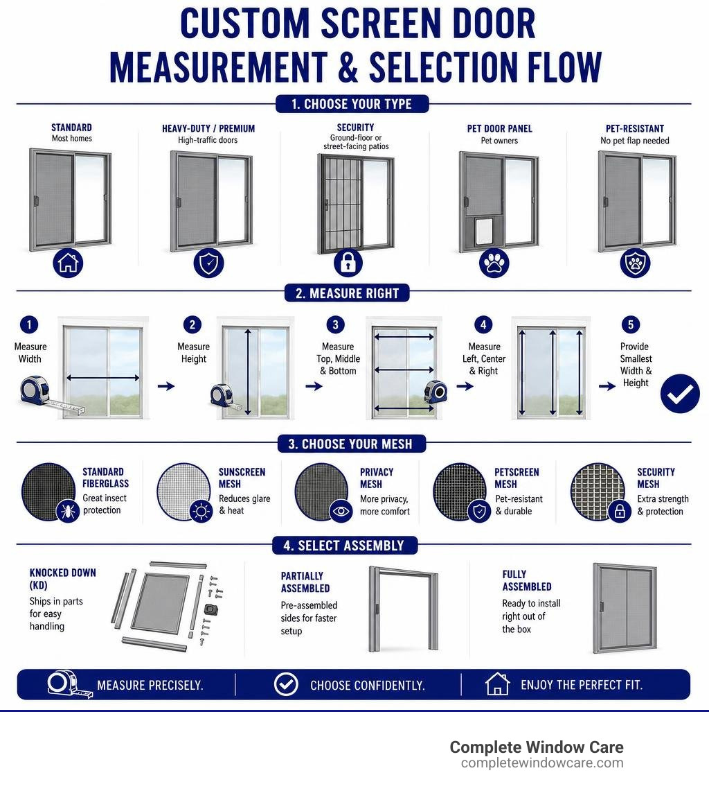 Custom screen door measurement and selection flow: types, sizing steps, mesh options, and assembly choices infographic Custom screen door measurement and selection flow: types, sizing steps, mesh options, and assembly choices infographic