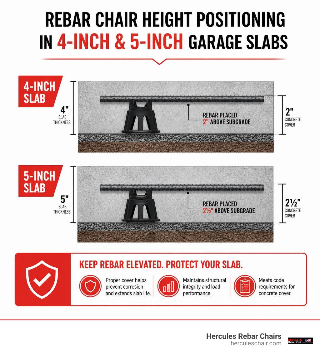 rebar chair height positioning in a 4-inch and 5-inch garage concrete slab cross-section infographic