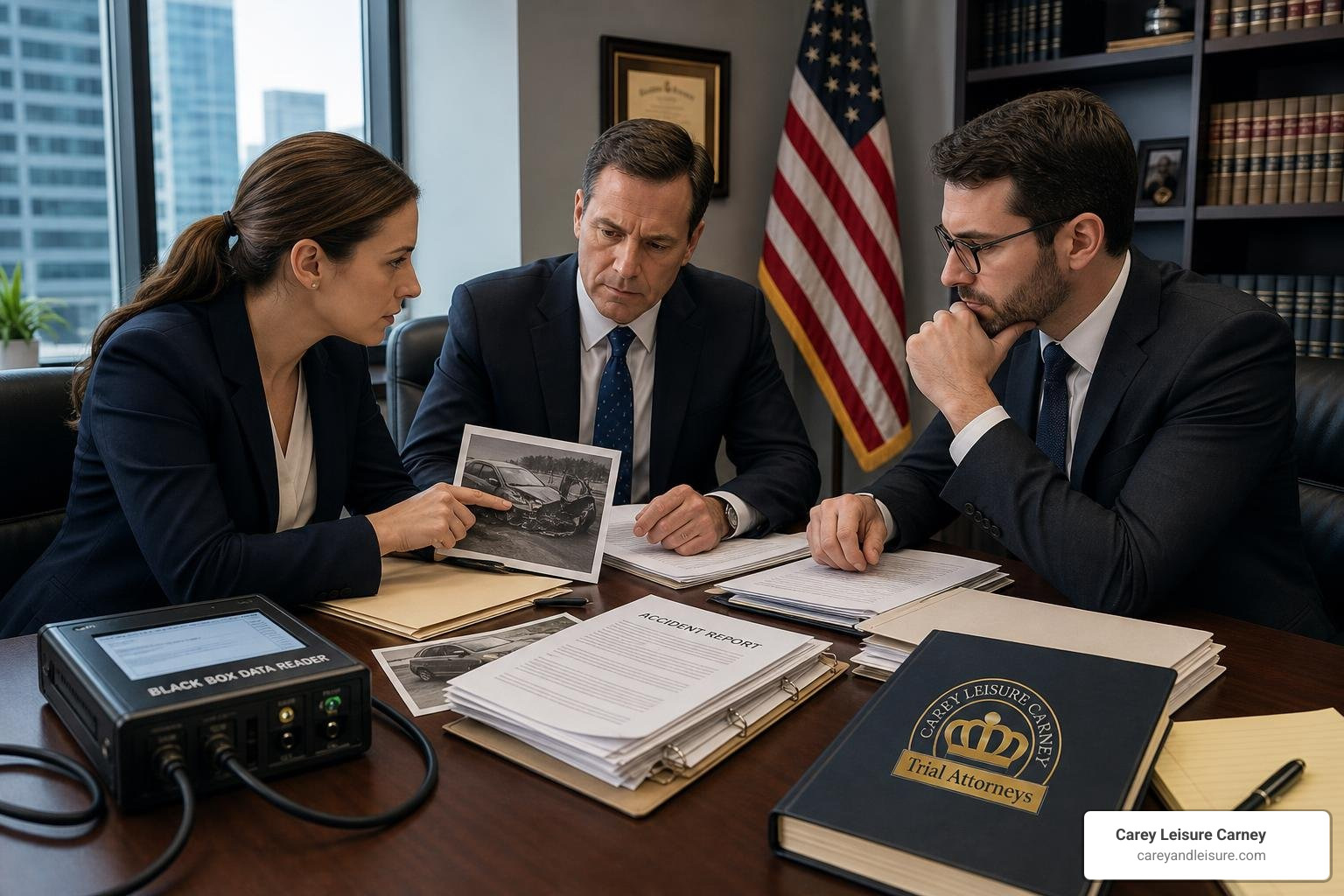 Legal team analyzing crash evidence including black box data and accident reports Legal team analyzing crash evidence including black box data and accident reports