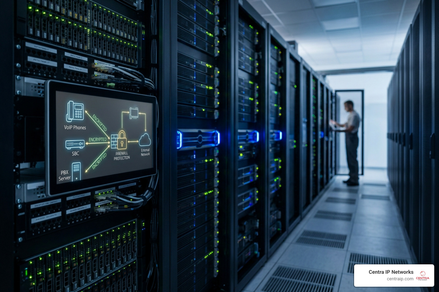 Secure VoIP infrastructure network diagram featuring encryption protocols and firewall protection Secure VoIP infrastructure network diagram featuring encryption protocols and firewall protection