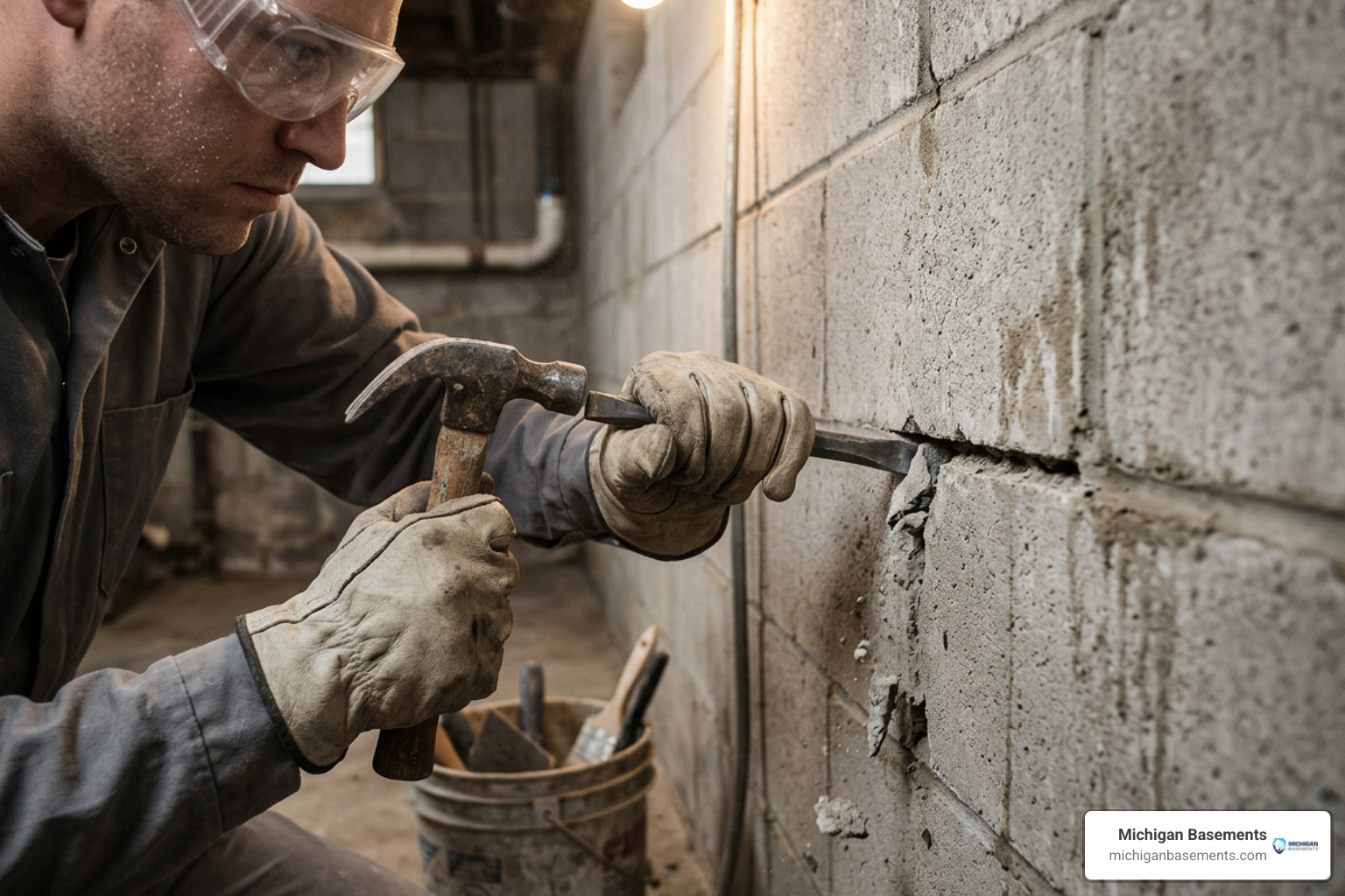 Chiseling out a basement block wall crack before applying hydraulic cement patch Chiseling out a basement block wall crack before applying hydraulic cement patch