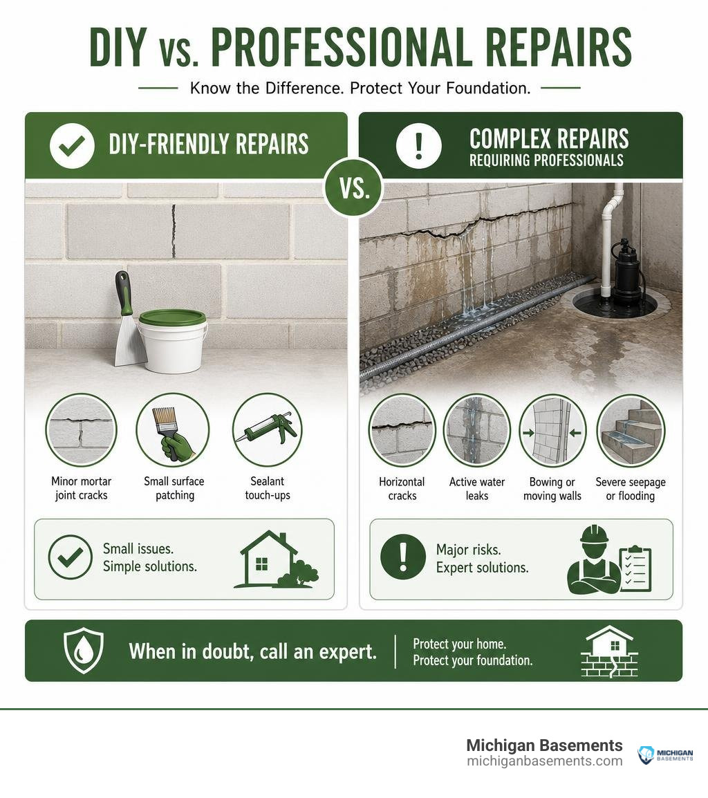 Comparison of DIY-friendly repairs versus complex repairs requiring professional contractors infographic Comparison of DIY-friendly repairs versus complex repairs requiring professional contractors infographic