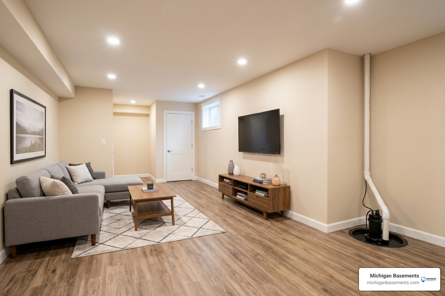 Clean, bright, and completely dry finished basement after waterproofing repair Clean, bright, and completely dry finished basement after waterproofing repair