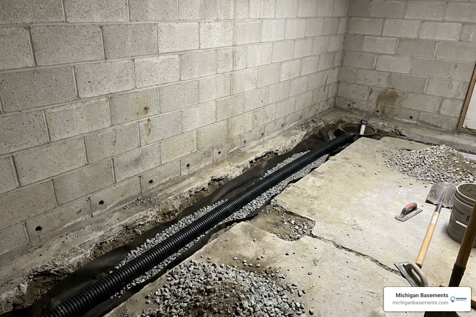 Interior perimeter drain tile system installation showing weep holes drilled into block wall base Interior perimeter drain tile system installation showing weep holes drilled into block wall base