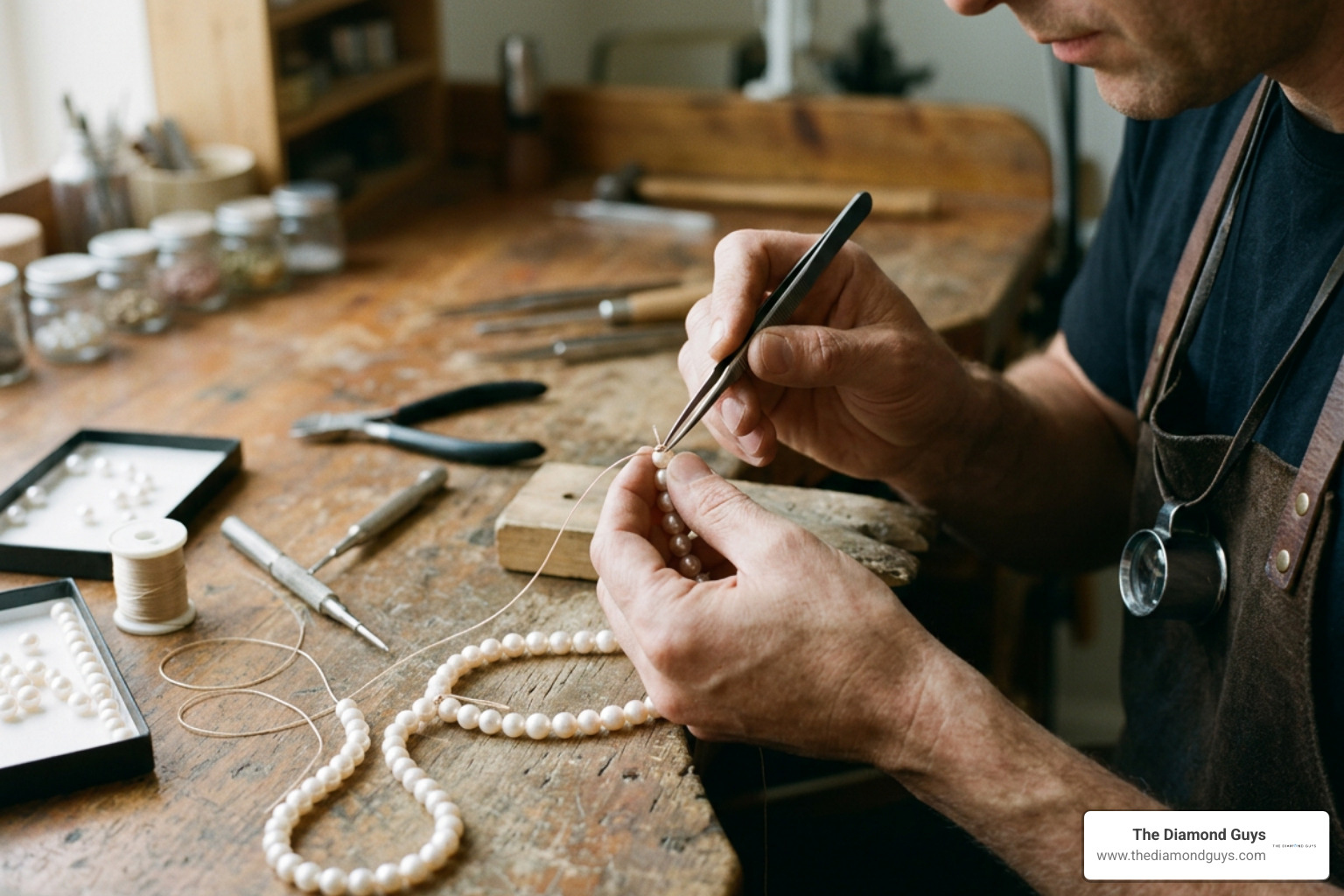 Professional bench jeweler hand-knotting a fine pearl necklace with specialized tools Professional bench jeweler hand-knotting a fine pearl necklace with specialized tools