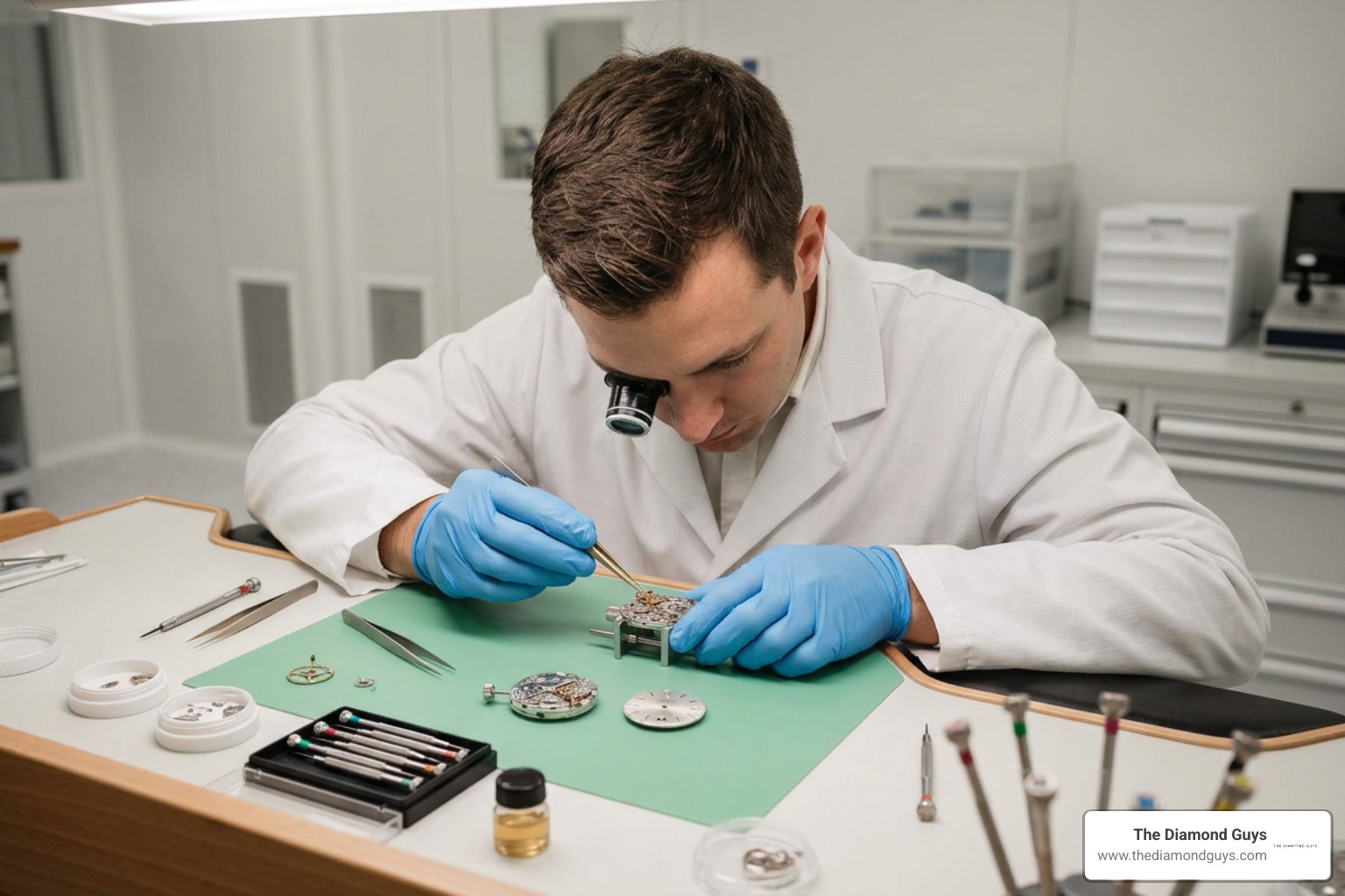 Watchmaker in a cleanroom inspecting a luxury watch dial and movement under magnification Watchmaker in a cleanroom inspecting a luxury watch dial and movement under magnification